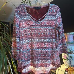 Almost Famous Red and Blue Patterned Hi Low Long Sleeve Top Size L